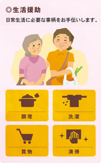 生活援助 日常生活に必要な事柄をお手伝いします。 調理 洗濯 買物 清掃